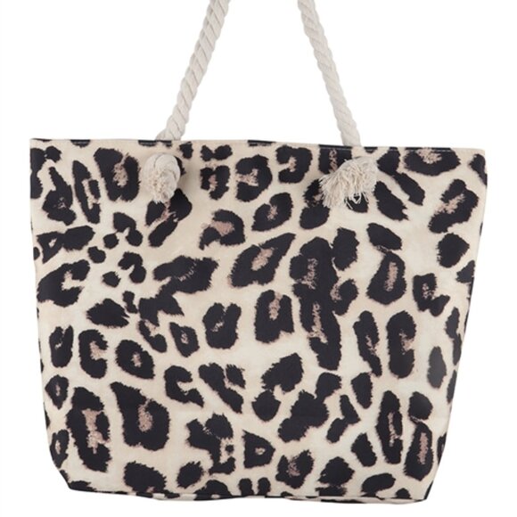 Leopard Print Canvas Tote Bag/ Rope Handles - Tan/Black/Brown - Style 1 -NWT - Picture 4 of 9